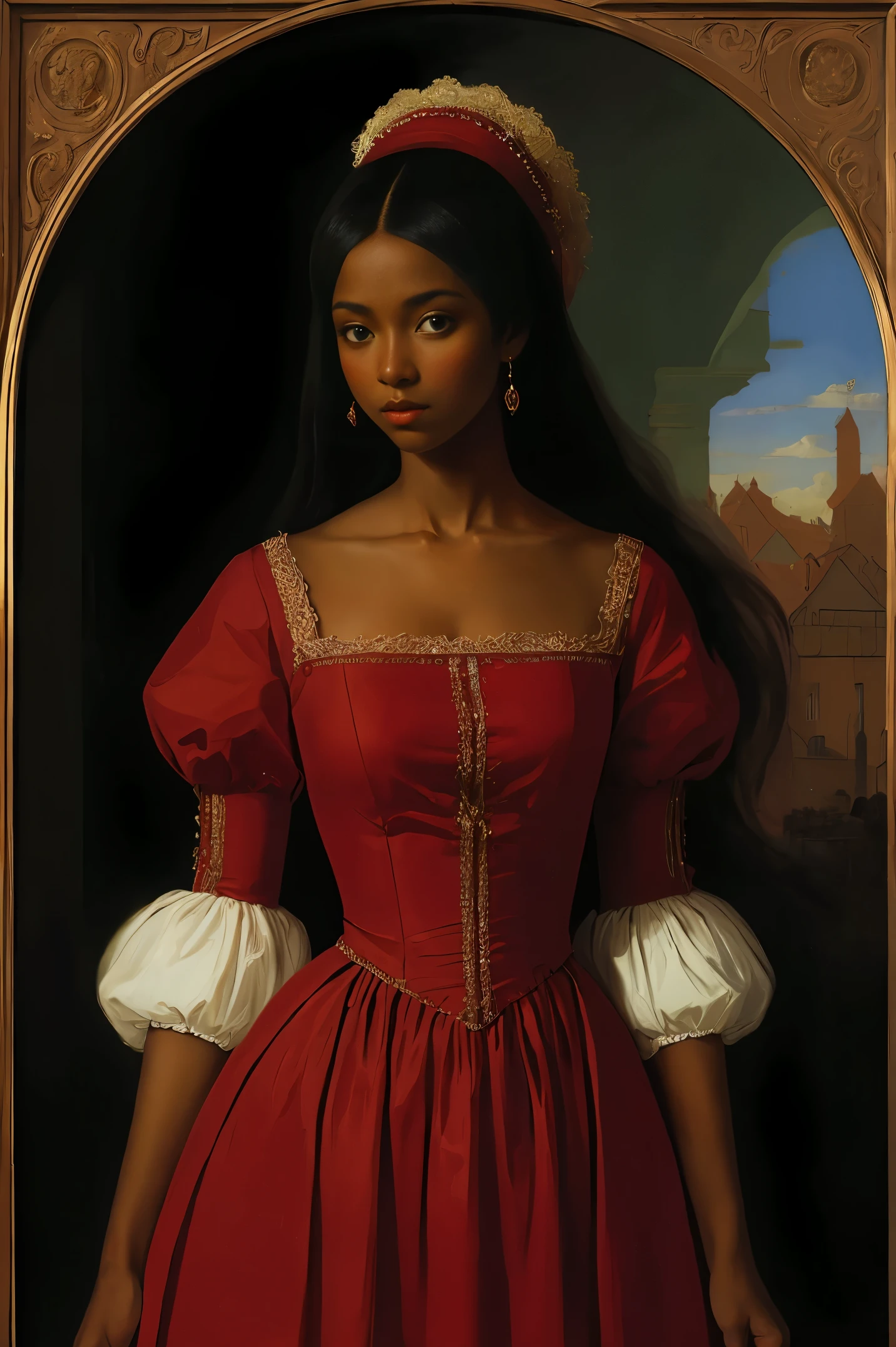 Solo Beautiful woman with dark skin in a red dress, Renaissance style, Art by Vasily Vereshchagin