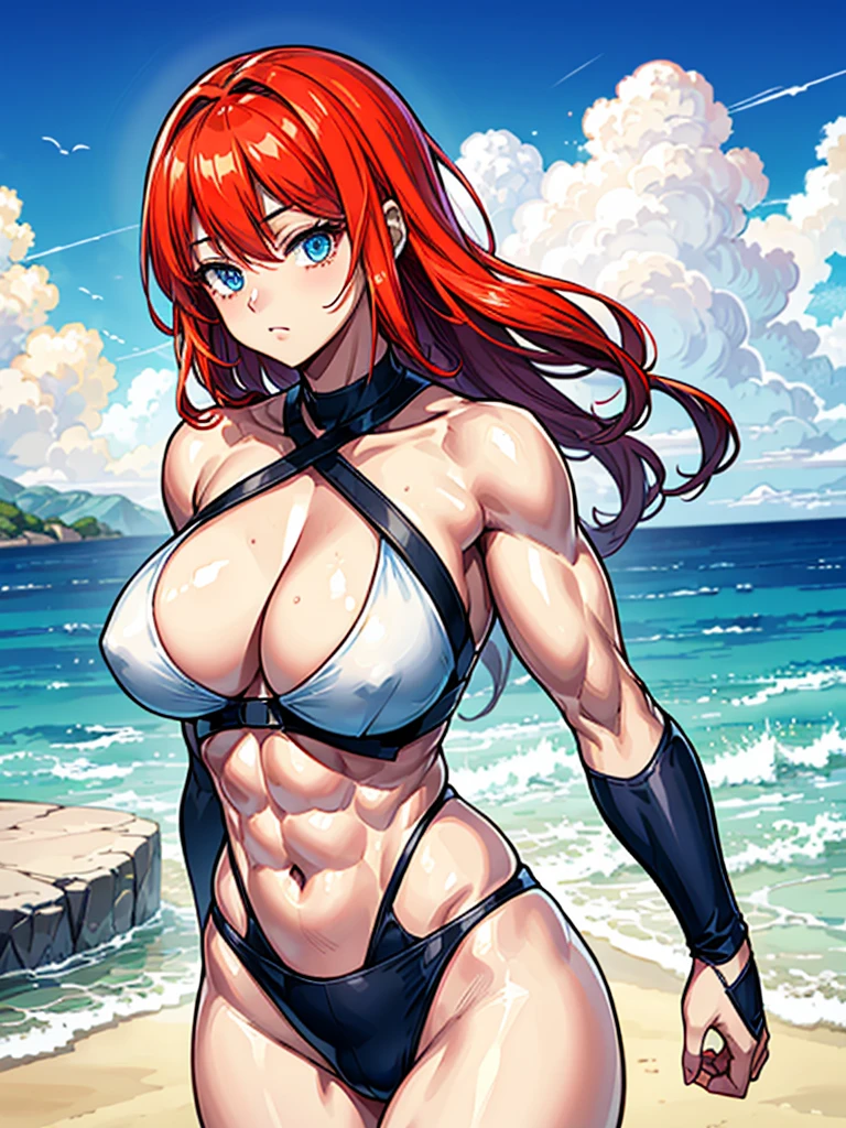 （（（masterpiece、Highest image quality、highest quality、highly detailed unity 8ｋwallpaper）））、（（Illustration of one girl））、（（（beautiful girl）））、（（red hair、Braid、sidelocks：1.4、blue eyes））、（（（stocky build：1.5, thickset physique：1.6, muscular legs, broad shoulders：1.6, solid chest：1.5）））、swimsuit、sandy beach