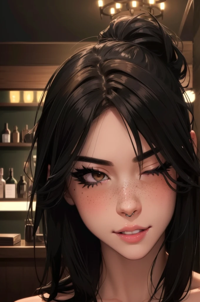 girl at a nightclub sitting at bar, eyeliner (masterpiece) (best quality) (detailed) (8k) (HDR) (wallpaper) (cinematic lighting) (sharp focus) (intricate) freckles, biting lip, short hair, slutty outfit, sexy, blush, aroused, cleavage, shiny boobs, wet skin, (((girl flirting with man at bar))