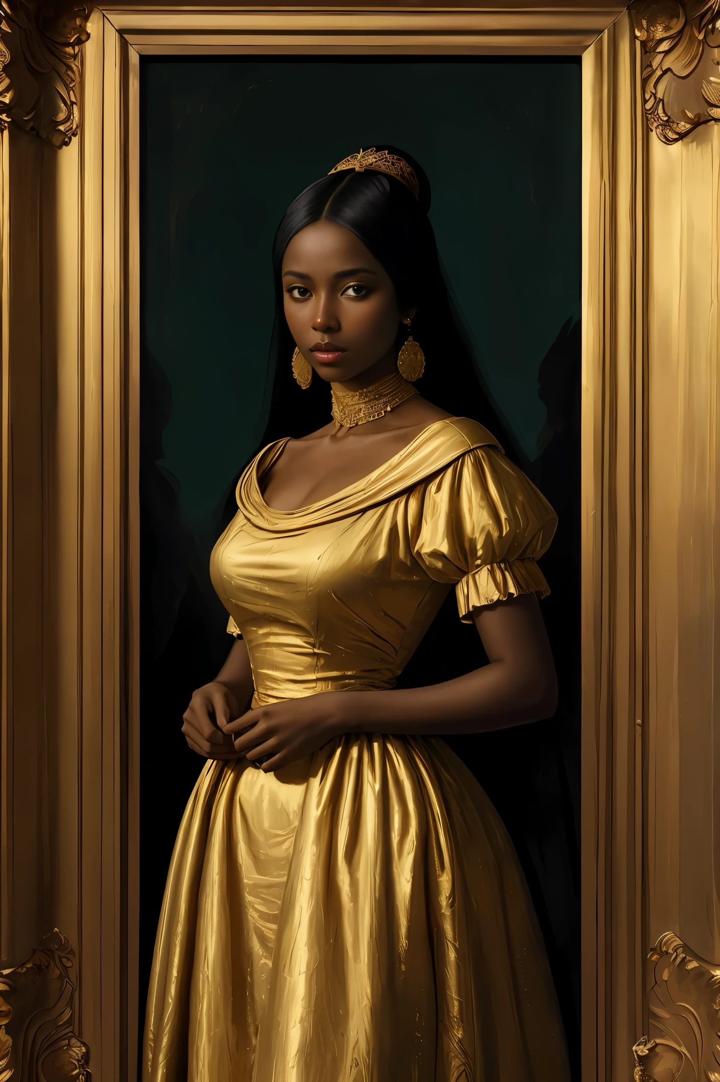 Beautiful woman with dark skin in gold dress, Renaissance style, Art by Vasily Vereshchagin