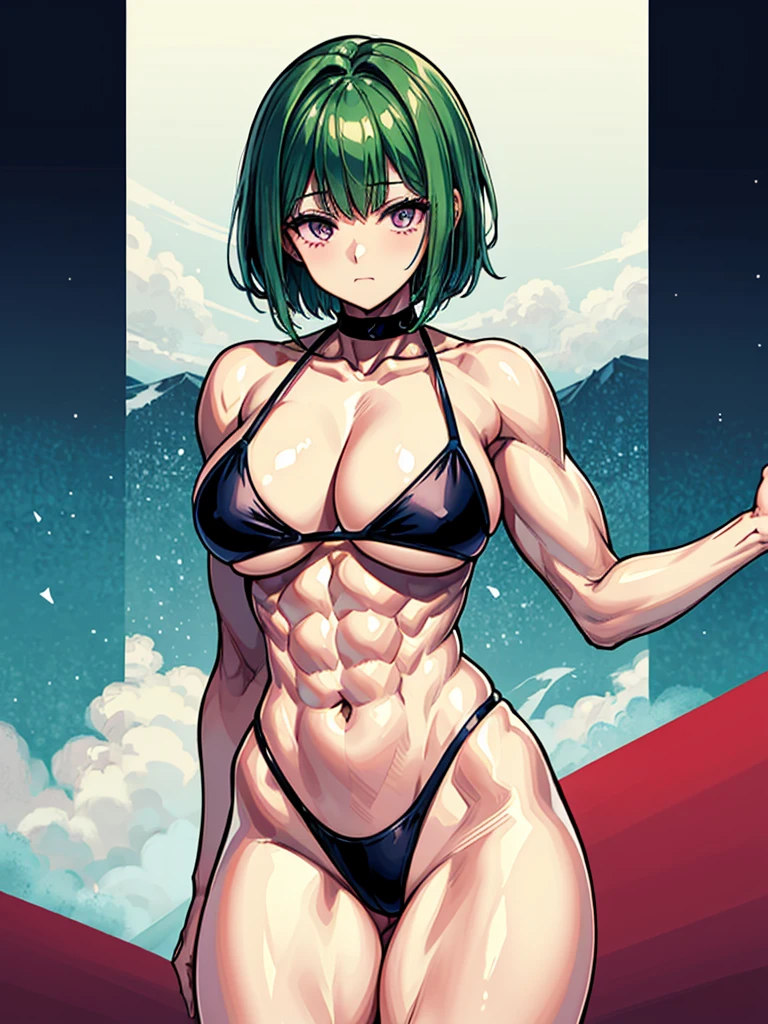 (((masterpiece、Highest image quality、highest quality、highly detailed unity 8kwallpaper)))、((Illustration of one girl))、(((beautiful girl)))、((green hair、very short hair:1.7、sidelocks、purple eyes))、(stocky build, thickset physique, muscular legs:1.5, broad shoulders, solid chest:1.6)、swimsuit、sandy beach