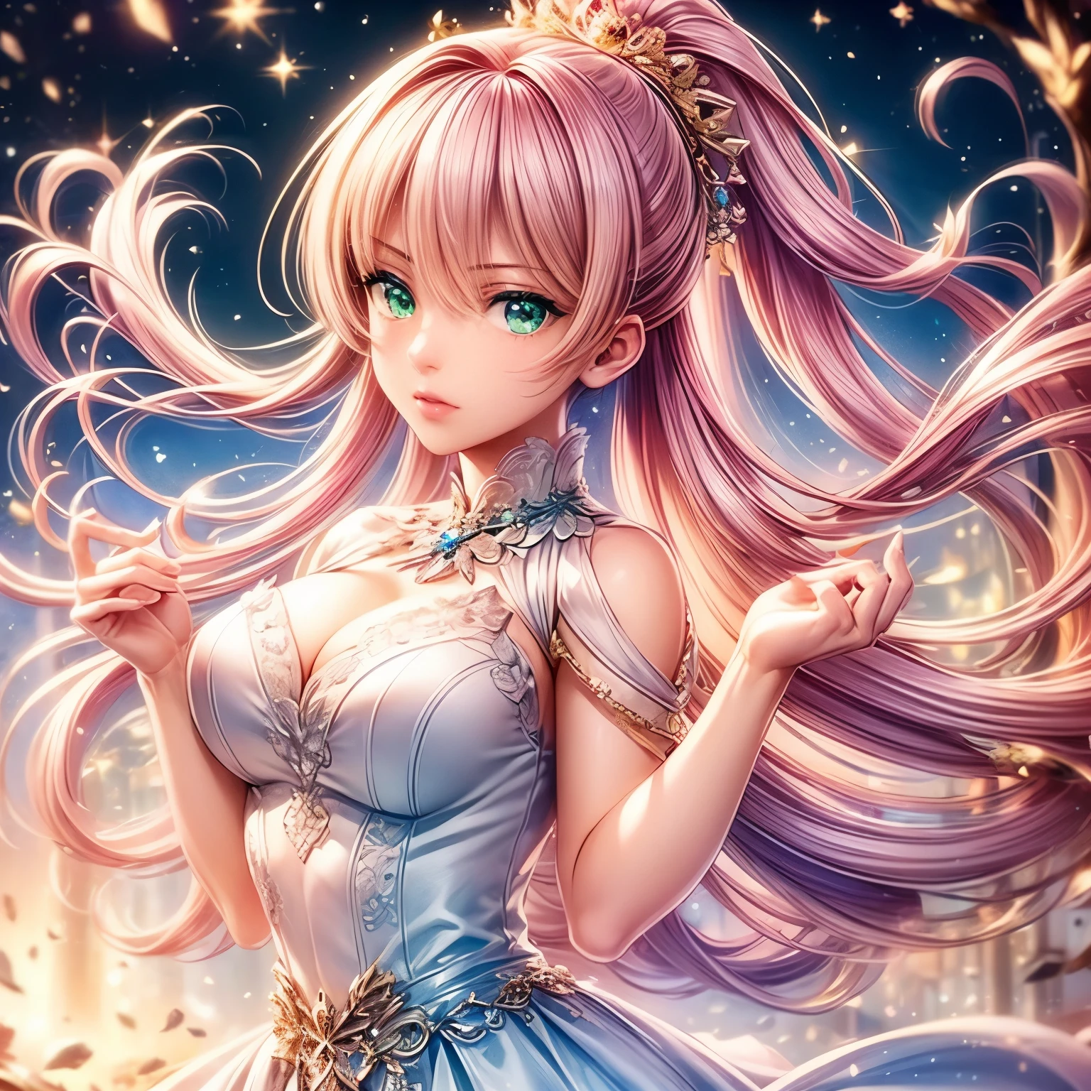 (highest quality:1.4),(masterpiece:1.4),super detailed,8K,cg,exquisite,Upper body,Lonely,thumb girl,green eyes, Little Princess,flowing coat dress,garden background,detailed facial features,long curly hair,Almond Eyes,Delicate eye makeup,long fluttering eyelashes,Sparkling starry eyes,and a starry gaze, intricate lip details,soft and harmonious style.