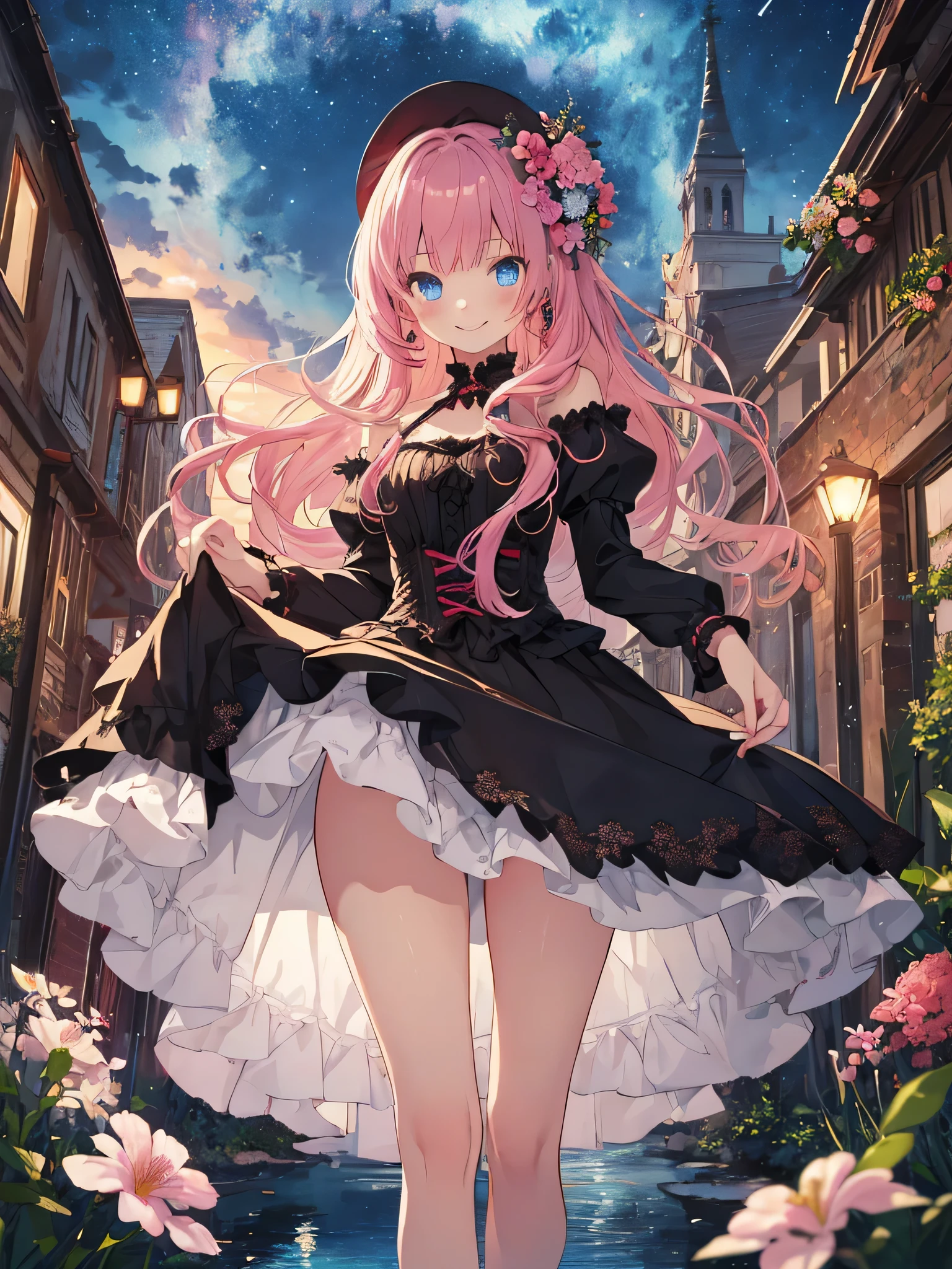 masterpiece, highest quality, figure, 1 girl, gothic dress, blue eyes, pink hair, cute face, , smile, middle teky with river and beautiful flowers, long hair, skirt lift