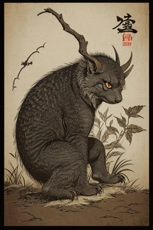 ((jumpscare)), Outline warm color, ((festival)), ((Chojugiga)), ((Shihon Bokuga)), antique, (anthropomorphism), (Sumi-e), Monochrome art, (Old paper style illustration), (hunting paintingural style, Little monster, old performance, variational pointillism, flat illustration, eerie, horror elements, eerie worldview, (primitive art), Outline warm color, old picture scroll style, old staging, Ancient mural style