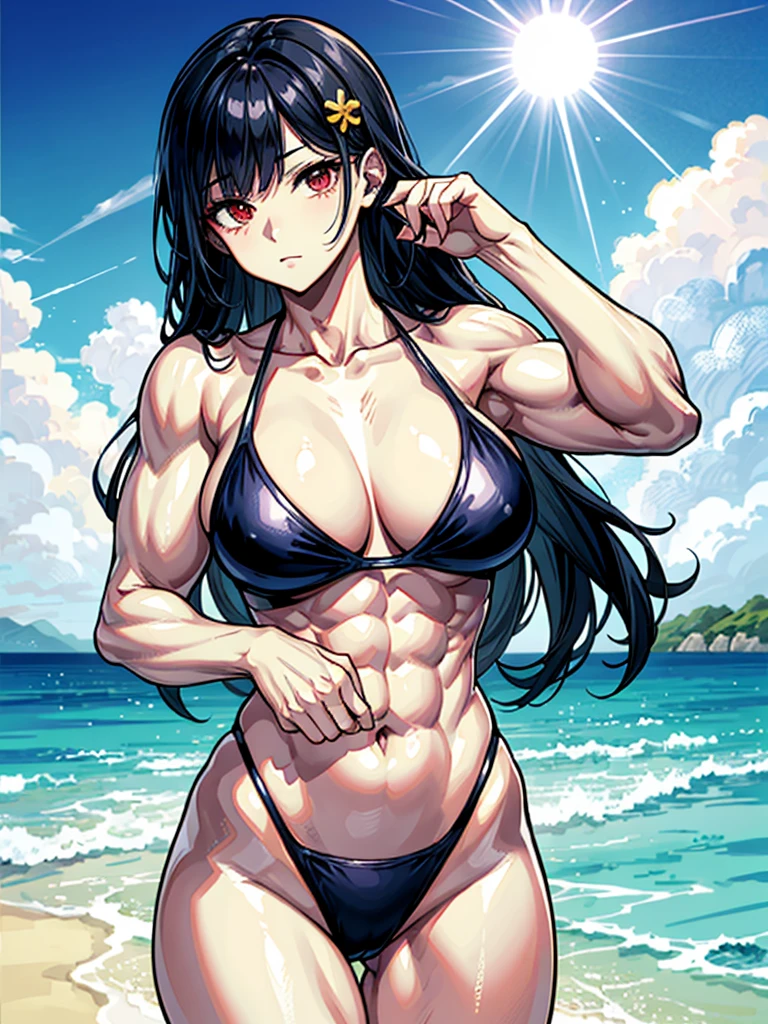 (((masterpiece、Highest image quality、highest quality、highly detailed unity 8kwallpaper)))、((Illustration of one girl))、(((beautiful girl)))、((black hair:1.4、Very Longhair、straight、golden hair ornament、red eyes))、(((sanpaku:1.6)))、(((sanpaku:1.6)))、(tall:1.3、stocky build:1.6, thickset physique:1.3, muscular legs, broad shoulders:1.3, solid chest:1.3)、swimsuit、sandy beach