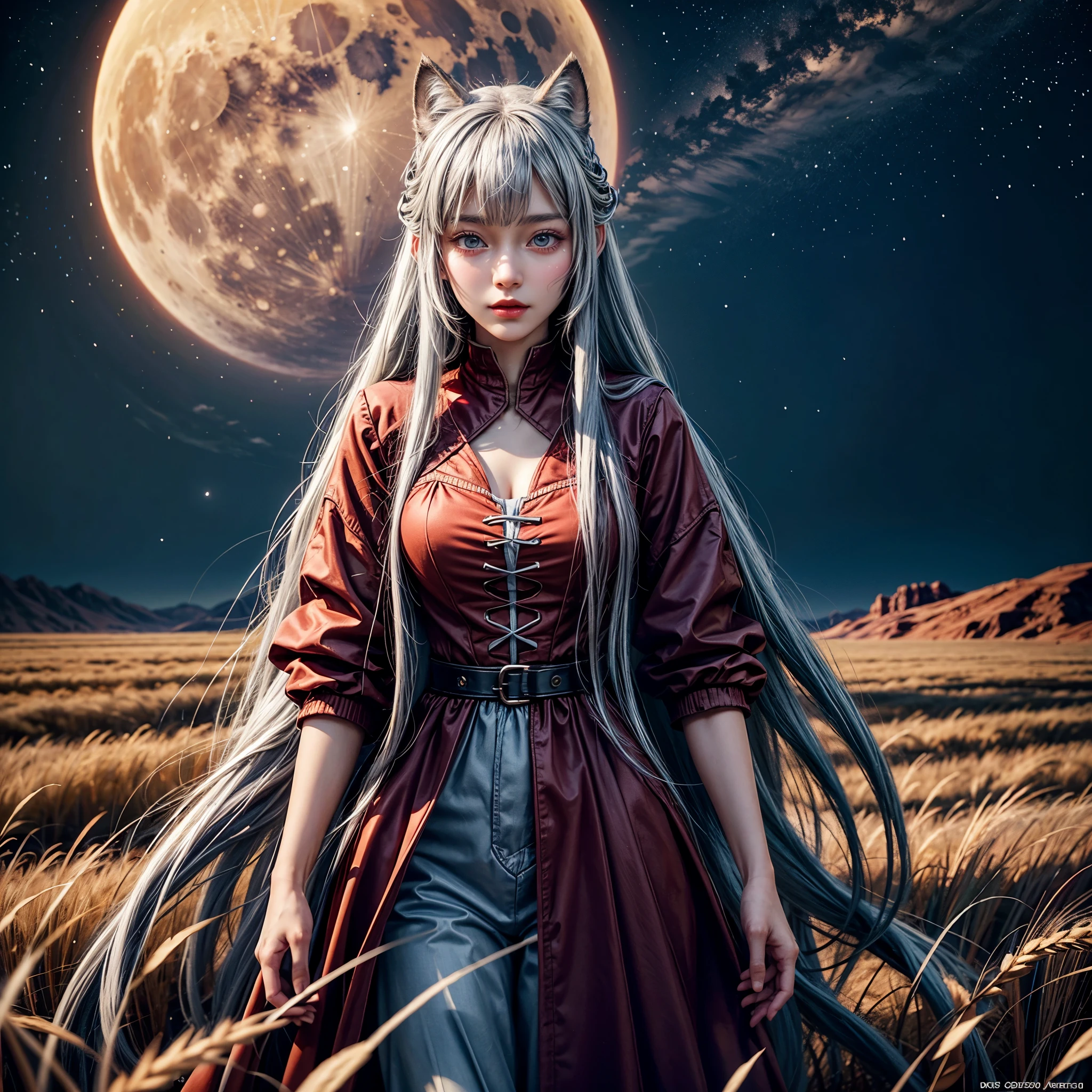 (NSFW:-0.8), (Acutance:0.8), a girl with beautiful detailed blue eyes and long silver hair, dressed as Holo the wise wolf from Spice and Wolf, standing in a burning wheat field under a bloody moon. The girl's lips are painted with a deep red color, adding an alluring touch to her face. Her outfit is meticulously crafted, with intricate details that mimic the character's original design. The wheat field is ablaze with intense flames, casting a warm and vibrant glow. The moon in the sky looms large and red, creating a haunting and mysterious atmosphere. The artwork is of the finest quality, with a resolution of 8K, showcasing every intricate detail and texture. The physically-based rendering brings the scene to life, creating a highly realistic and immersive experience.