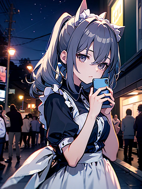 (throw_hand, pink vibrator remote switch in throw_hand, throw:1.2), Highest quality, Super detailed, masterpiece, Ultra-high resolution, 8K, Ridiculous, Cowboy Shooting, Blurred, One girl, Embarrassing, blush, Lovely, , With tears in her eyes and her mouth open, What saliva leaves behind, Wet skirt hem, Not wearing pants, Bulging of the vibrator cord, Vibrator with Garters, ,Squirting、,Black Hair、Maid clothes,Peeing、night、In the city with no one