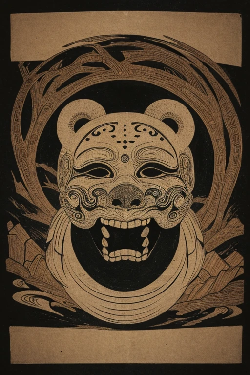 ((jumpscare)), Outline warm color, ((festival)), ((Chojugiga)), ((Shihon Bokuga)), antique, (anthropomorphism), (Sumi-e), Monochrome art, (Old paper style illustration), (hunting paintingural style, Little monster, old performance, variational pointillism, flat illustration, eerie, horror elements, eerie worldview, (primitive art), Outline warm color, old picture scroll style, old staging, Ancient mural style