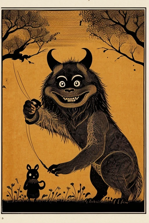 ((jumpscare)), Outline warm color, ((festival)), ((Chojugiga)), ((Shihon Bokuga)), antique, (anthropomorphism), (Sumi-e), Monochrome art, (Old paper style illustration), (hunting paintingural style, Little monster, old performance, variational pointillism, flat illustration, eerie, horror elements, eerie worldview, (primitive art), Outline warm color, old picture scroll style, old staging, Ancient mural style