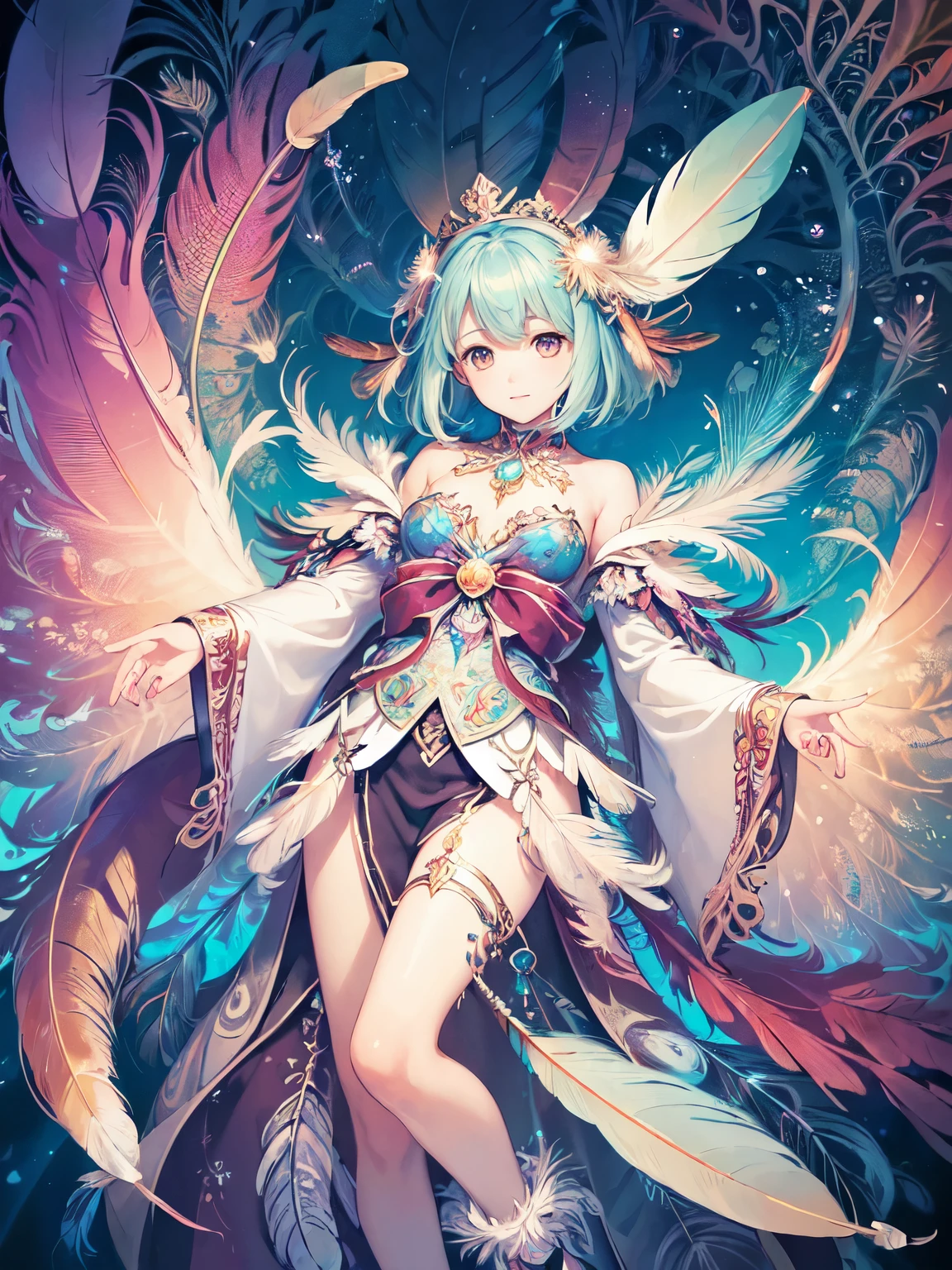 (best quality, masterpiece), (colorful:1.2),beautiful detailed eyes, best illustration, (feather:1.5), incredibly absurdres, watercolor medium, underwater,(fractal art:1.5),wings, (astral fairy), beautiful celestial mage, (mystical), high detailed official artwork, anime fantasy artwork, (epic fantasy),  ((ethereal))