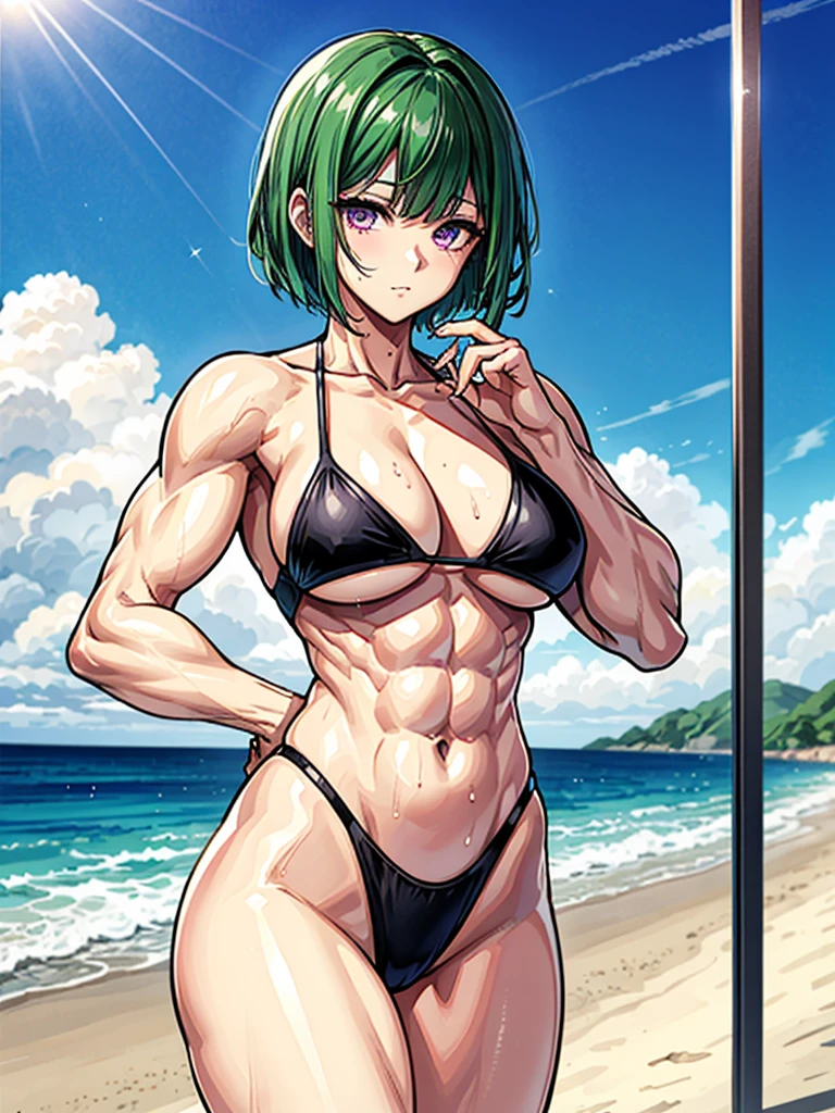 (((masterpiece、Highest image quality、highest quality、highly detailed unity 8kwallpaper)))、((Illustration of one girl))、(((beautiful girl)))、((green hair、very short hair:1.7、sidelocks、purple eyes))、(stocky build, thickset physique, muscular legs:1.5, broad shoulders, solid chest:1.6)、swimsuit、sandy beach
