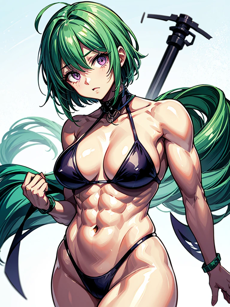 （（（masterpiece、Highest image quality、highest quality、highly detailed unity 8ｋwallpaper）））、（（Illustration of one girl））、（（（beautiful girl）））、（（green hair、very short hair：1.７、sidelocks、purple eyes））、（stocky build, thickset physique, muscular legs：1.5, broad shoulders, solid chest：1.6）、swimsuit、sandy beach