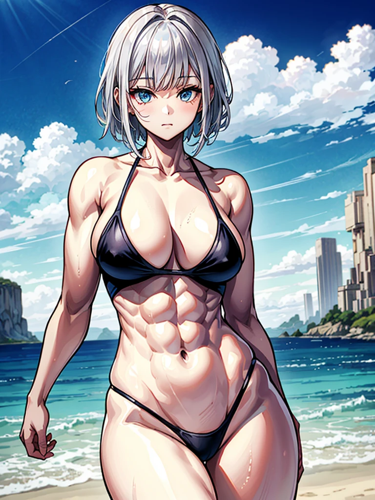 (((masterpiece、Highest image quality、highest quality、highly detailed unity 8kwallpaper)))、((Illustration of one girl))、(((beautiful girl)))、((white hair、short hair、light blue eyes))、(((stocky build, thickset physique, muscular legs, broad shoulders, solid chest:1.6)))、swimsuit、sandy beach