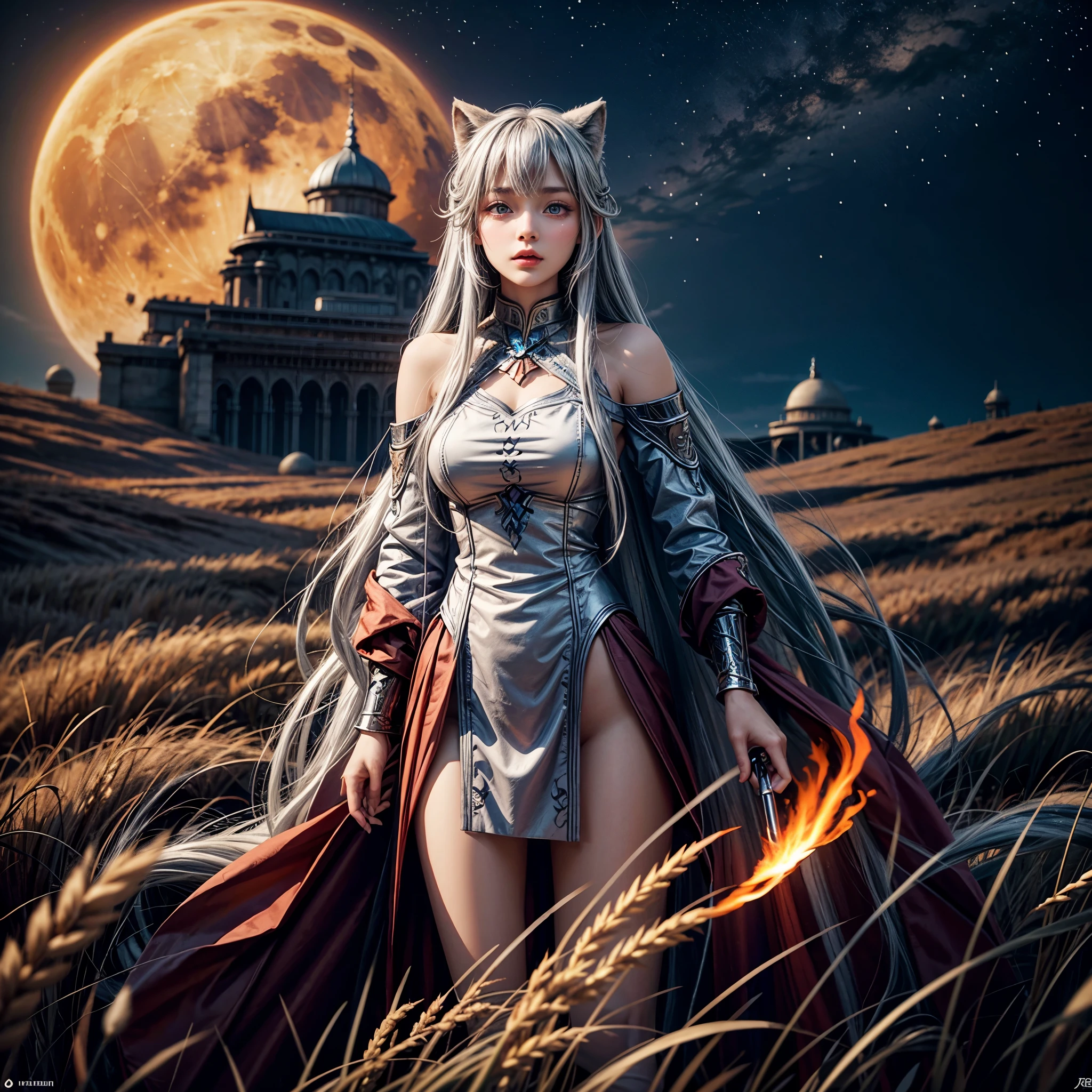(NSFW:-0.8), (Acutance:0.8), a girl with beautiful detailed blue eyes and long silver hair, dressed as Holo the wise wolf from Spice and Wolf, standing in a burning wheat field under a bloody moon. The girl's lips are painted with a deep red color, adding an alluring touch to her face. Her outfit is meticulously crafted, with intricate details that mimic the character's original design. The wheat field is ablaze with intense flames, casting a warm and vibrant glow. The moon in the sky looms large and red, creating a haunting and mysterious atmosphere. The artwork is of the finest quality, with a resolution of 8K, showcasing every intricate detail and texture. The physically-based rendering brings the scene to life, creating a highly realistic and immersive experience.