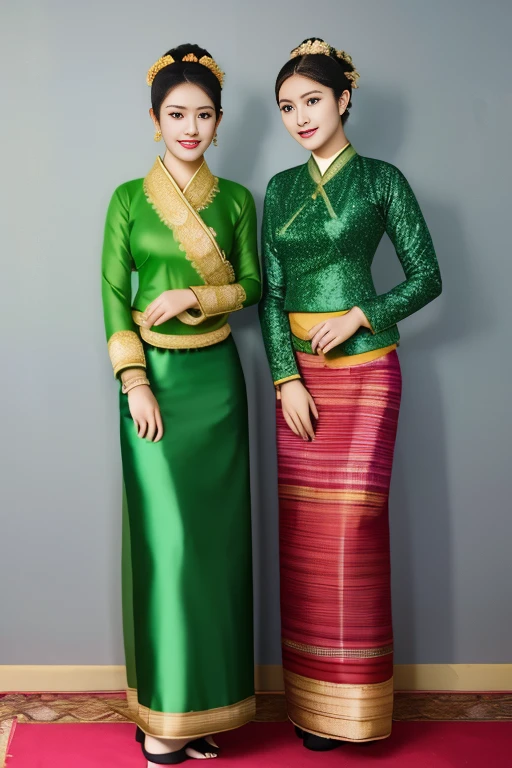 A beautiful lady wearing a Pathein umbrella, in a dark green, bright rice field, a Burmese friendly, gentle, beautiful pair of eyes, a Burmese dress, a Burmese breast cover, a pair of traditional Burmese lace, a pair of soft, pink Nukkham, a Burmese Malay.