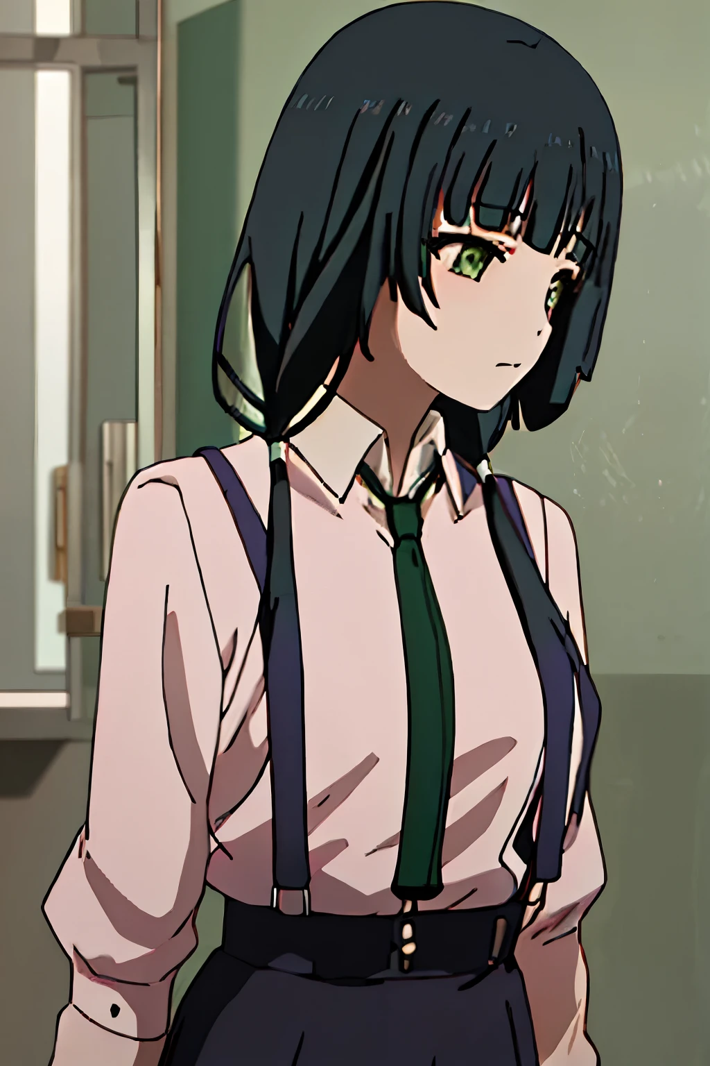 best quality, masterpiece, highres, solo, {yasuhara_ema_shirobako:1.15}, black_hair, low_twintails, twintails, long_hair, green_eyes, bangs, 1boy, 1girl, blurry, blurry_background, closed_mouth, from_side, pink_shirt, profile, shirt, solo_focus, upper_body, jacket, skirt, suspender_skirt, suspenders, hair_over_shoulder