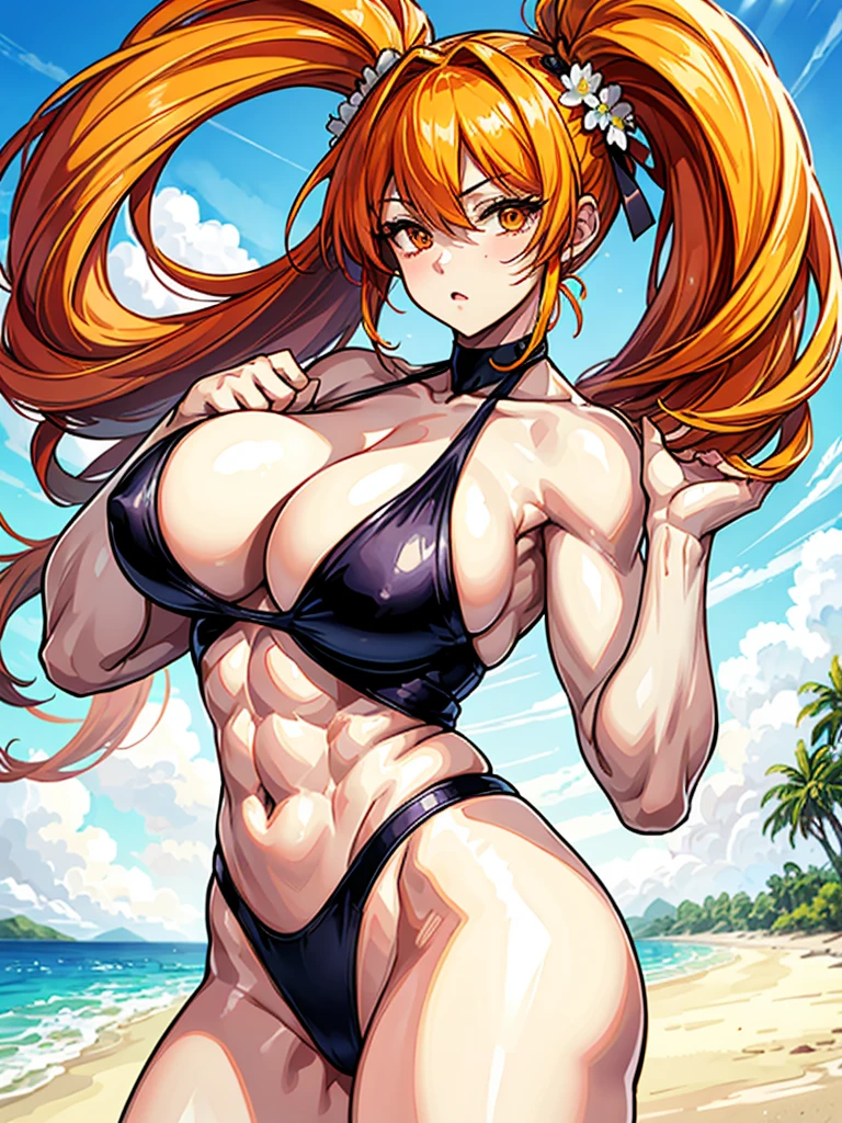 (((masterpiece、Highest image quality、highest quality、highly detailed unity 8kwallpaper)))、((Illustration of one girl))、(((beautiful girl)))、((orange hair、side ponytail、sidelocks:1.4、orange eyes))、(((stocky build:1.5, thickset physique:1.6, muscular legs, broad shoulders:1.6, solid chest:1.5)))、swimsuit、sandy beach