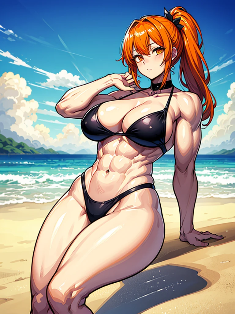 (((masterpiece、Highest image quality、highest quality、highly detailed unity 8kwallpaper)))、((Illustration of one girl))、(((beautiful girl)))、((orange hair、side ponytail、sidelocks:1.4、orange eyes))、(((stocky build:1.5, thickset physique:1.6, muscular legs, broad shoulders:1.6, solid chest:1.5)))、swimsuit、sandy beach