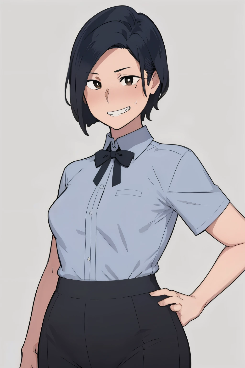 (masterpiece, best quality:1.2), ntrman, portrait of original character, 1girl, solo, teenage female, tomboy, short black hair, side parted hairstyle, brown eyes, expressive eyes, smug grin, healthy complexion, athletic form, small breasts, wide hips, white dress shirt, formal black pants, looking at viewer, upper body, simple background, ar 2.3