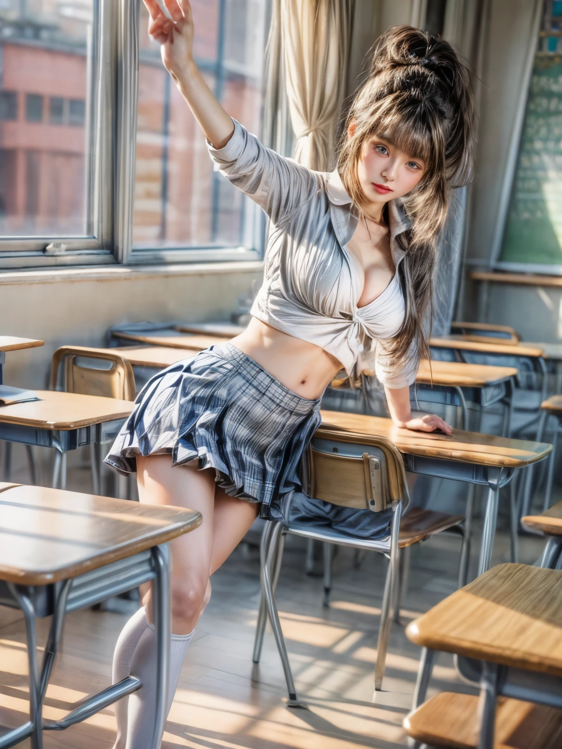 masterpiece、8K、32K、highest quality、(Detailed both eyes)、(cute japanese woman、bangs:1.3)、23 years old、1 girl、elegant、(school uniform:1.4)、(School、classroom:1.2)、sunset、(huge cleavage:1.2)、(long hair:1.2)、Shiny skin