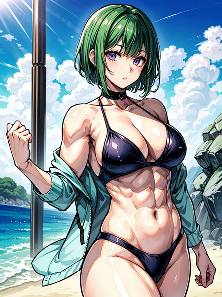 (((masterpiece、Highest image quality、highest quality、highly detailed unity 8kwallpaper)))、((Illustration of one girl))、(((beautiful girl)))、((green hair、very short hair:1.7、sidelocks、purple eyes))、(stocky build, thickset physique, muscular legs:1.5, broad shoulders, solid chest:1.6)、swimsuit、sandy beach