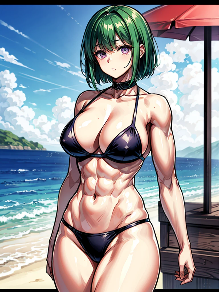 （（（masterpiece、Highest image quality、highest quality、highly detailed unity 8ｋwallpaper）））、（（Illustration of one girl））、（（（beautiful girl）））、（（green hair、very short hair：1.７、sidelocks、purple eyes））、（stocky build, thickset physique, muscular legs：1.5, broad shoulders, solid ?????：1.6）、swimsuit、sandy beach