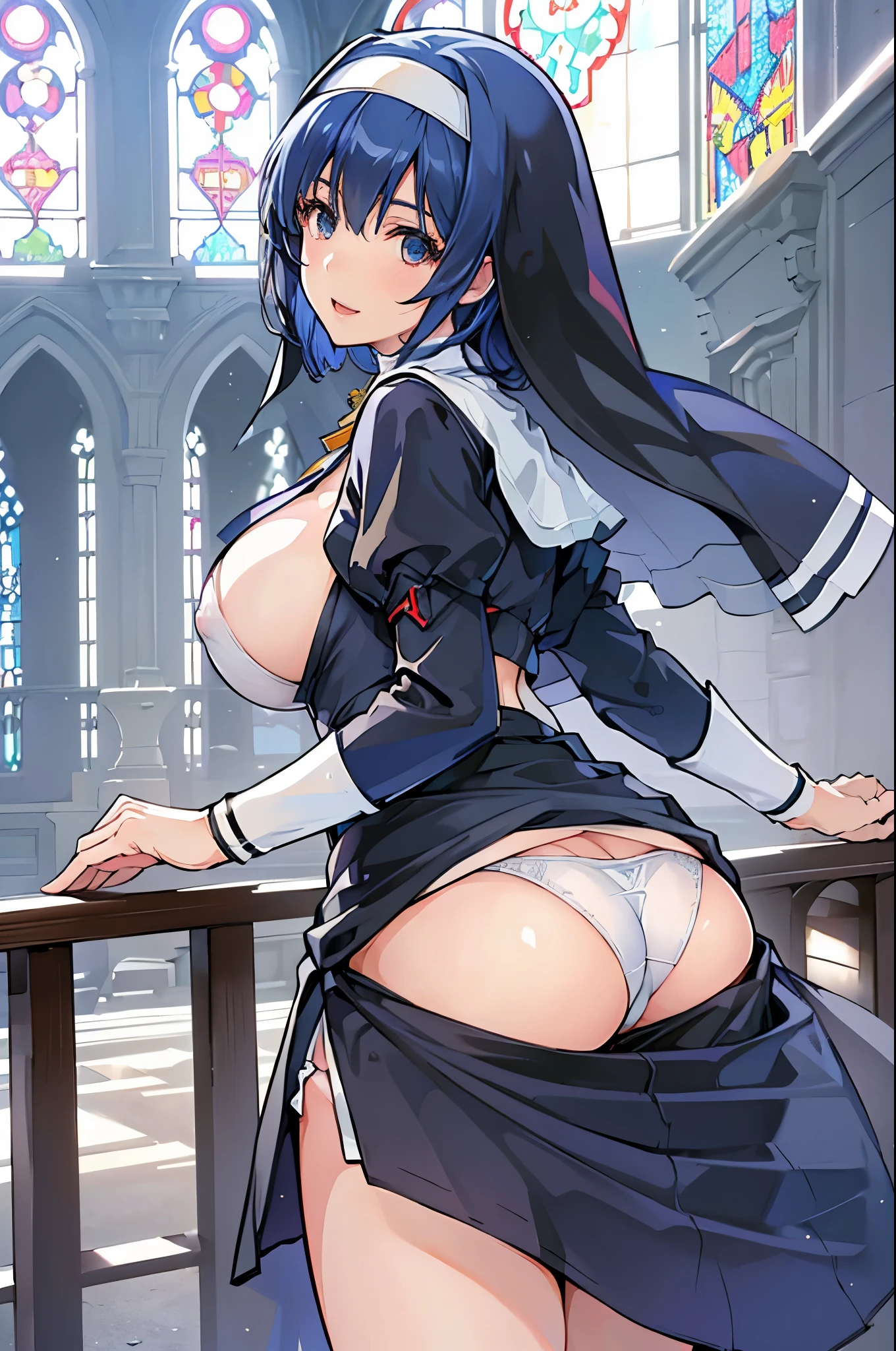 (best quality, In 4K, 8K, High resolution, muste piece:1.2),solo woman,Super detailed, (Reality, photorealistic, photorealistic:1.37), 30 year old woman,ripe woman,((inside a church),muste piece, Top quality, Ultra-fine,maximum resolution, Extremely detailed, ((nun,Angle from below,high neck,White panties)),Cord,smile,open mouth huge tits,blue hair,Seductive thighs,Side slit skirt,big ass