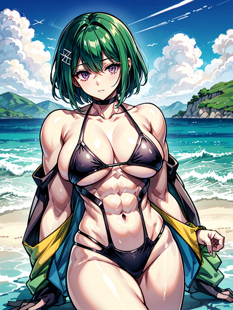 (((masterpiece、Highest image quality、highest quality、highly detailed unity 8kwallpaper)))、((Illustration of one girl))、(((beautiful girl)))、((green hair、very short hair:1.7、sidelocks、purple eyes))、(stocky build, thickset physique, muscular legs:1.5, broad shoulders, solid chest:1.6)、swimsuit、sandy beach