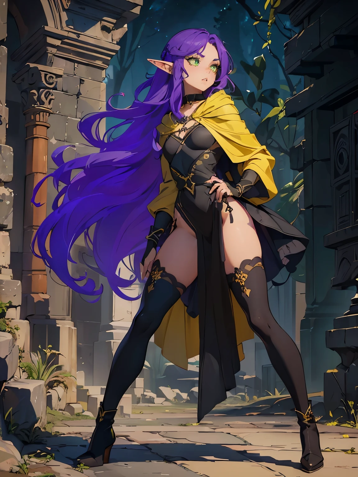 masterpiece, high quality, spacious underground ancient ruins, (1_women), (full body), (exotic skin_complexion), mature, (((timid pose))), beautiful, exotic, with long elf ears, (looking away from the camera), ((timid expression)), ((scared)), wearing (((yellow))) hooded cloak), hood down, yellow cloak, black choker, (thigh highs) with purple embroidery, long fingerless leather gloves, ((small breast)), black dress, bright purple hair, long hair, wavy hair, realistic and detailed face having (((green_eyes)), dark_eyeliner, long_eyelashes), natural dynamic lighting casts detailed shadows, knee high dark brown boots, arms together in a frighten pose,