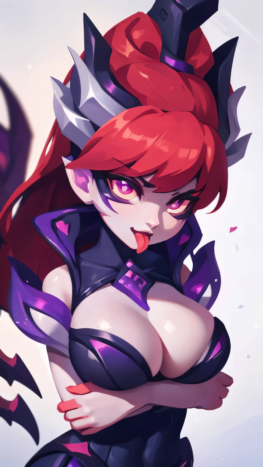 Zyra - Crime City Nightmare- League of Legends a high definition, 8k, Detailed face, clutching her chest, features the same as the Crime City Nightmare Zyra model, red hair, withe clothes, heart-shaped pupils, dilated pupils, eye reflection, high detail, depth of field, UHD, retina, masterpiece, ccurate, anatomically correct, textured skin, super detail, high details, high quality, award winning, best quality, highres, 1080P, HD, 4K, tongue out