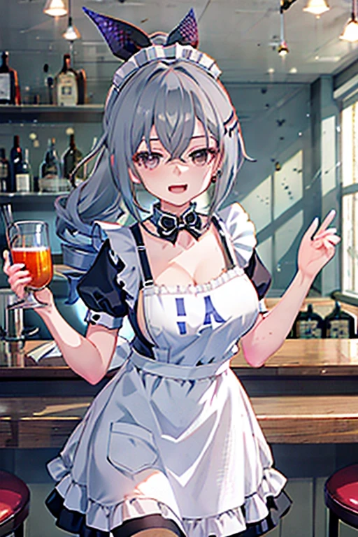 1girl, silver wolf \(honkatar rail\), drill ponytail, maid, maid headdress, maid apron, happy, open mouth, looking at viewer, cowboy shot, bar \(place\), indoors, depth of field