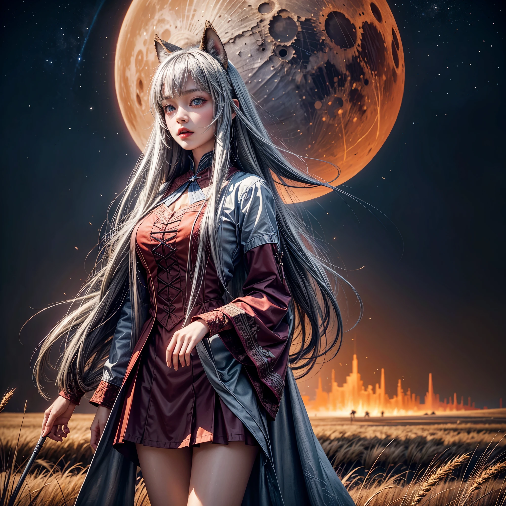 a girl with beautiful detailed blue eyes and long silver hair, dressed as Holo the wise wolf from Spice and Wolf, standing in a burning wheat field under a bloody moon. The girl's lips are painted with a deep red color, adding an alluring touch to her face. Her outfit is meticulously crafted, with intricate details that mimic the character's original design. The wheat field is ablaze with intense flames, casting a warm and vibrant glow. The moon in the sky looms large and red, creating a haunting and mysterious atmosphere. The artwork is of the finest quality, with a resolution of 8K, showcasing every intricate detail and texture. The physically-based rendering brings the scene to life, creating a highly realistic and immersive experience.