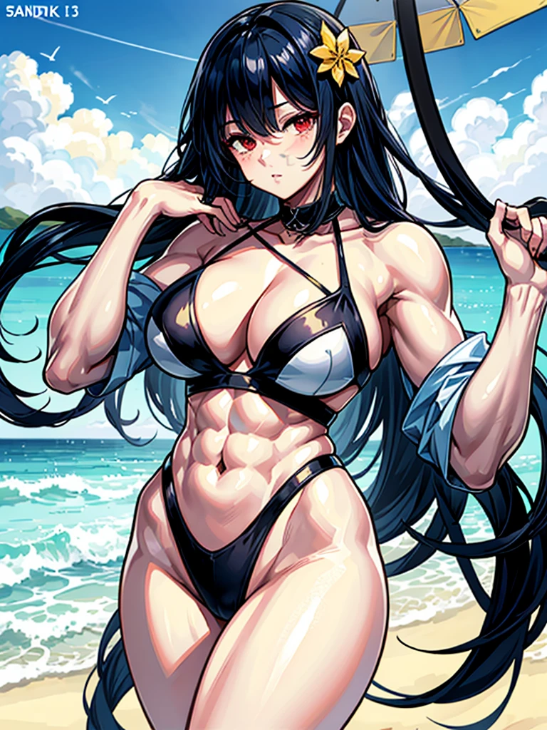 （（（masterpiece、Highest image quality、highest quality、highly detailed unity 8ｋwallpaper）））、（（Illustration of one girl））、（（（beautiful girl）））、（（black hair：1.4、Very Longhair、straight、golden hair ornament、red eyes））、（（（sanpaku：1.6）））、（（（sanpaku：1.6）））、（tall：1.3、stocky build：1.6, thickset physique：1.3, muscular legs, broad shoulders：1.3, solid chest：1.3）、swimsuit、sandy beach