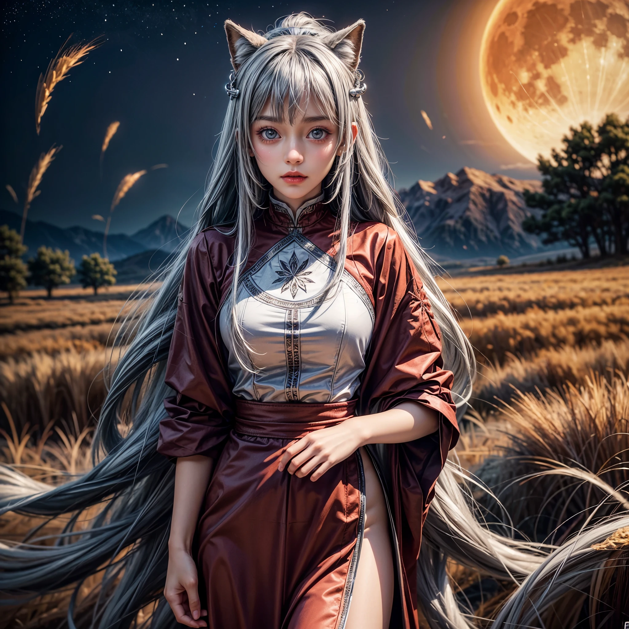 a girl with beautiful detailed blue eyes and long silver hair, dressed as Holo the wise wolf from Spice and Wolf, standing in a burning wheat field under a bloody moon. The girl's lips are painted with a deep red color, adding an alluring touch to her face. Her outfit is meticulously crafted, with intricate details that mimic the character's original design. The wheat field is ablaze with intense flames, casting a warm and vibrant glow. The moon in the sky looms large and red, creating a haunting and mysterious atmosphere. The artwork is of the finest quality, with a resolution of 8K, showcasing every intricate detail and texture. The physically-based rendering brings the scene to life, creating a highly realistic and immersive experience.