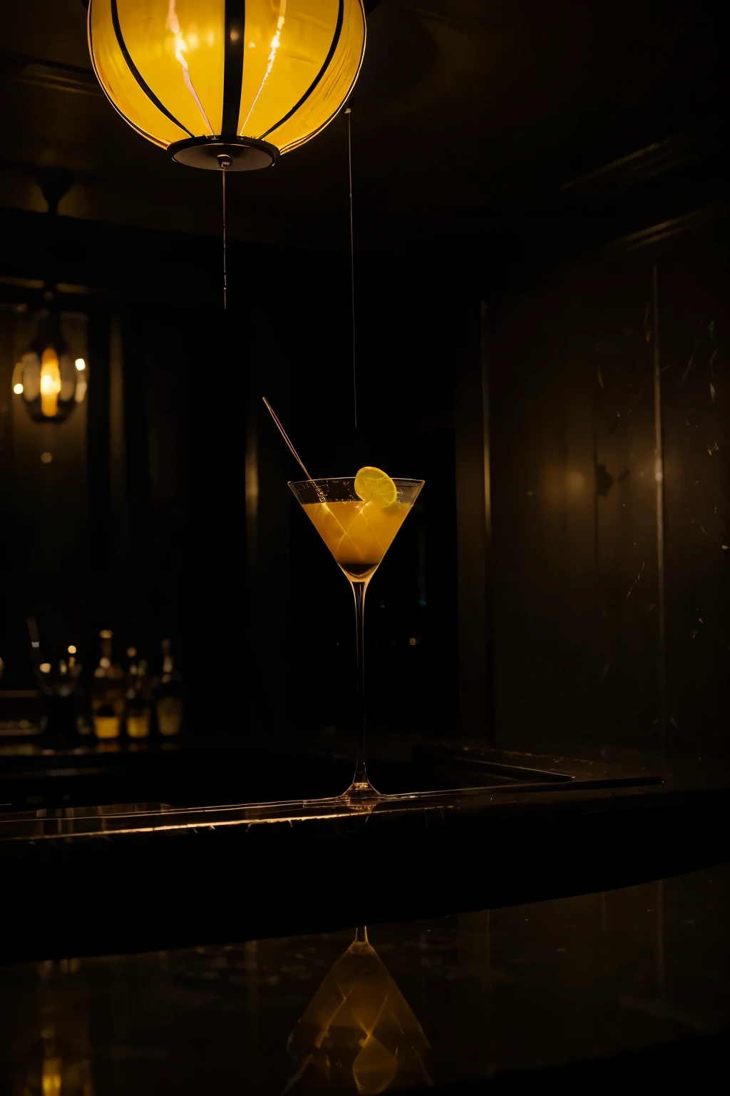 a dark and cozy cocktail bar with all black color and a few yellow spotlight. bar material made by glass and this is aquarium, made for me a sad picture but look art