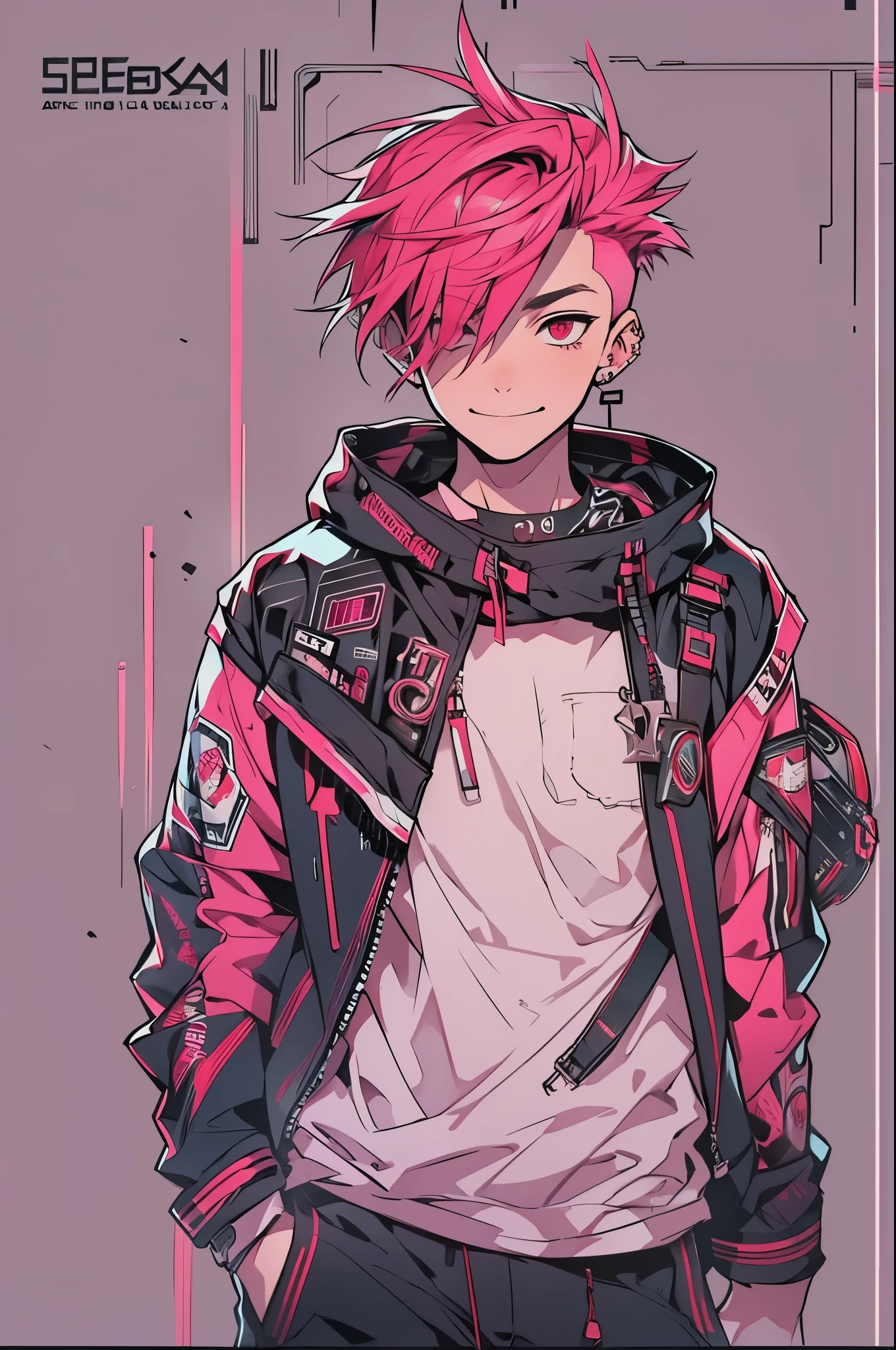 masterpiece, highest quality, cyber punk, 1 boy, alone, male focus, looking at the viewer,Upper body, facing forward,Depth of bounds written , pink hair,(disconnected undercut 1.5), Red eyes, smile, red jacket,(No background 1.5)