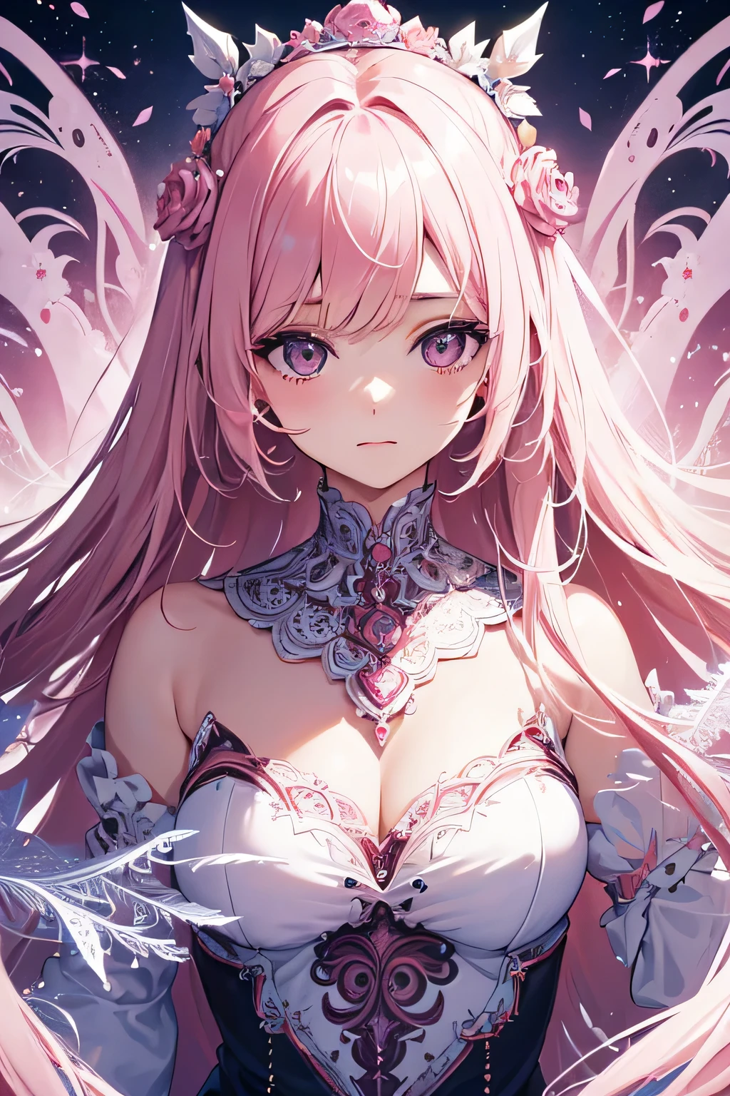 (absurd, high resolution, super detailed), 1 girl, alone, very detailed eyes, (official art, Beauty and aesthetics: 1.2), (fractal art: 1.3), white pink color scheme, most detailed,no hands