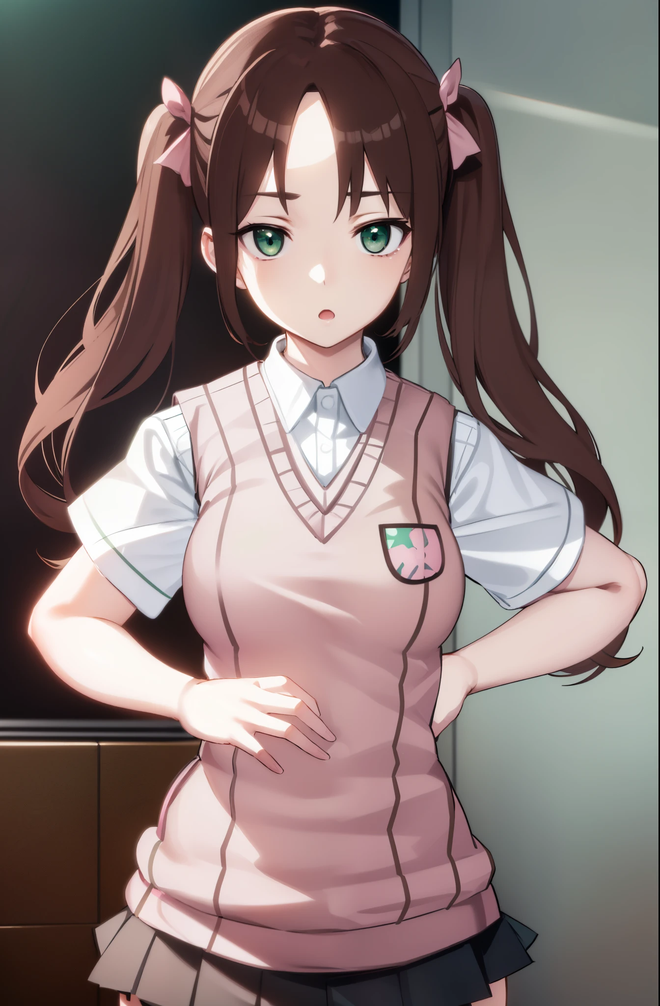 kurokoshirai, kuroko shirai, brown hair, long hair, (parted bangs:1.5), (brown eyes:1.7), ringlets, twintails, hair bow, bow, red bow, (big breasts:1.2), open mouth, BREAK armband, black skirt, collared shirt, dress shirt, pleated skirt, safety pin, school uniform, shirt, short sleeves, skirt, summer uniform, pink sweater vest, tokiwadai school uniform, twintails, white shirt, (pink sweater vest:1.5),
BREAK looking at viewer, upper body, fully body,
BREAK indoors, classroom,
BREAK (masterpiece:1.2), best quality, high resolution, unity 8k wallpaper, (illustration:0.8), (beautiful detailed green eyes:1.6), extremely detailed face, perfect lighting, extremely detailed CG, (perfect hands, perfect anatomy),