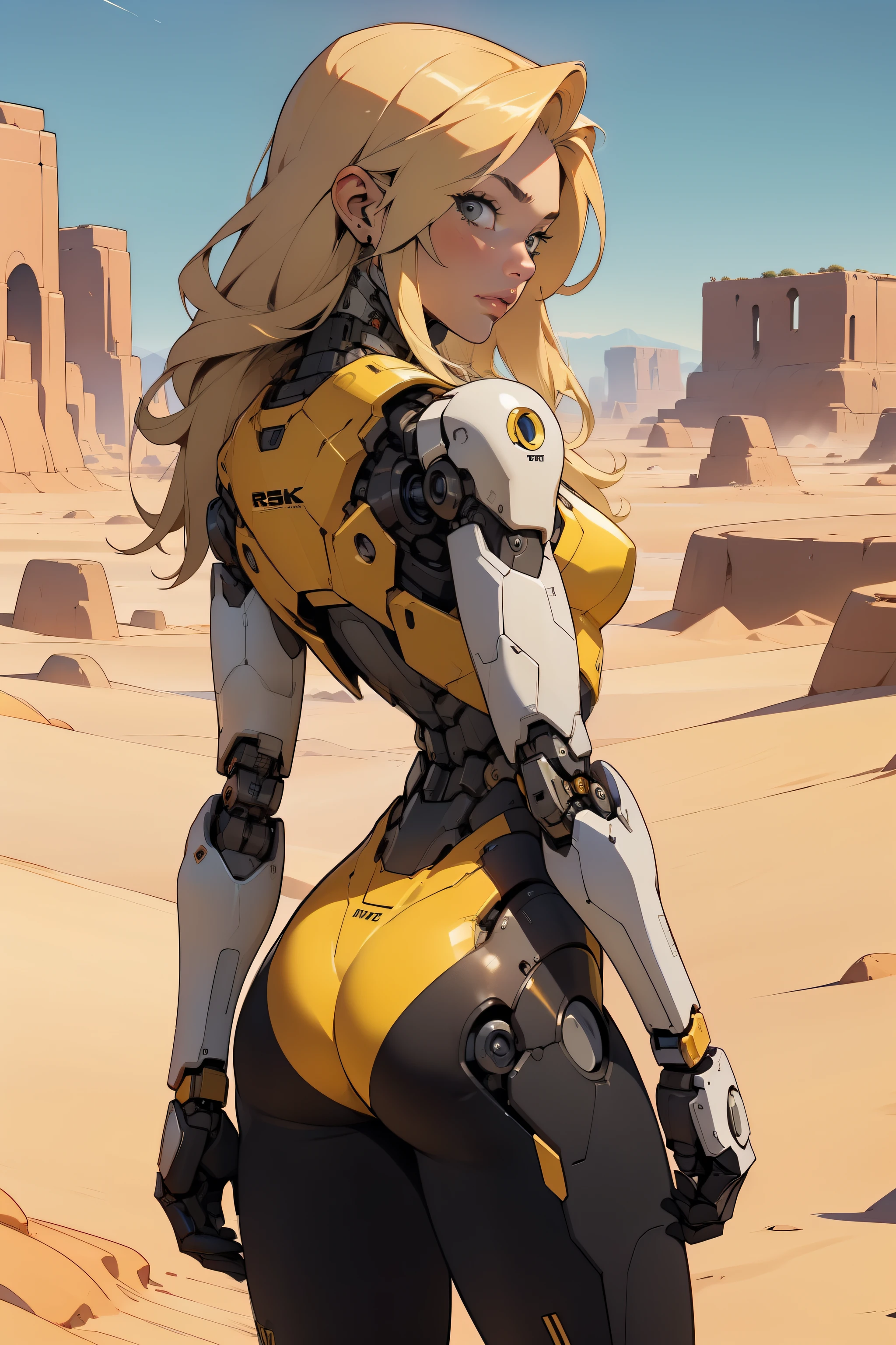 high quality, 4k, masterpiece, beautiful, cyborg girl, cowboy shot, dull eyes, back side, turning around to look at viewer, long blonde hair, girl, small breasts, fit thigh, robotic arms, robotic body, cyborg body, yellow accent, redaccent, intricate detail, joint, detailed lines, robotic detail, holding fist up, holding hand up as fist, color robotic parts, robotic parts with color, perfect fingers, on a desert planet, sunny background, colorful desert,