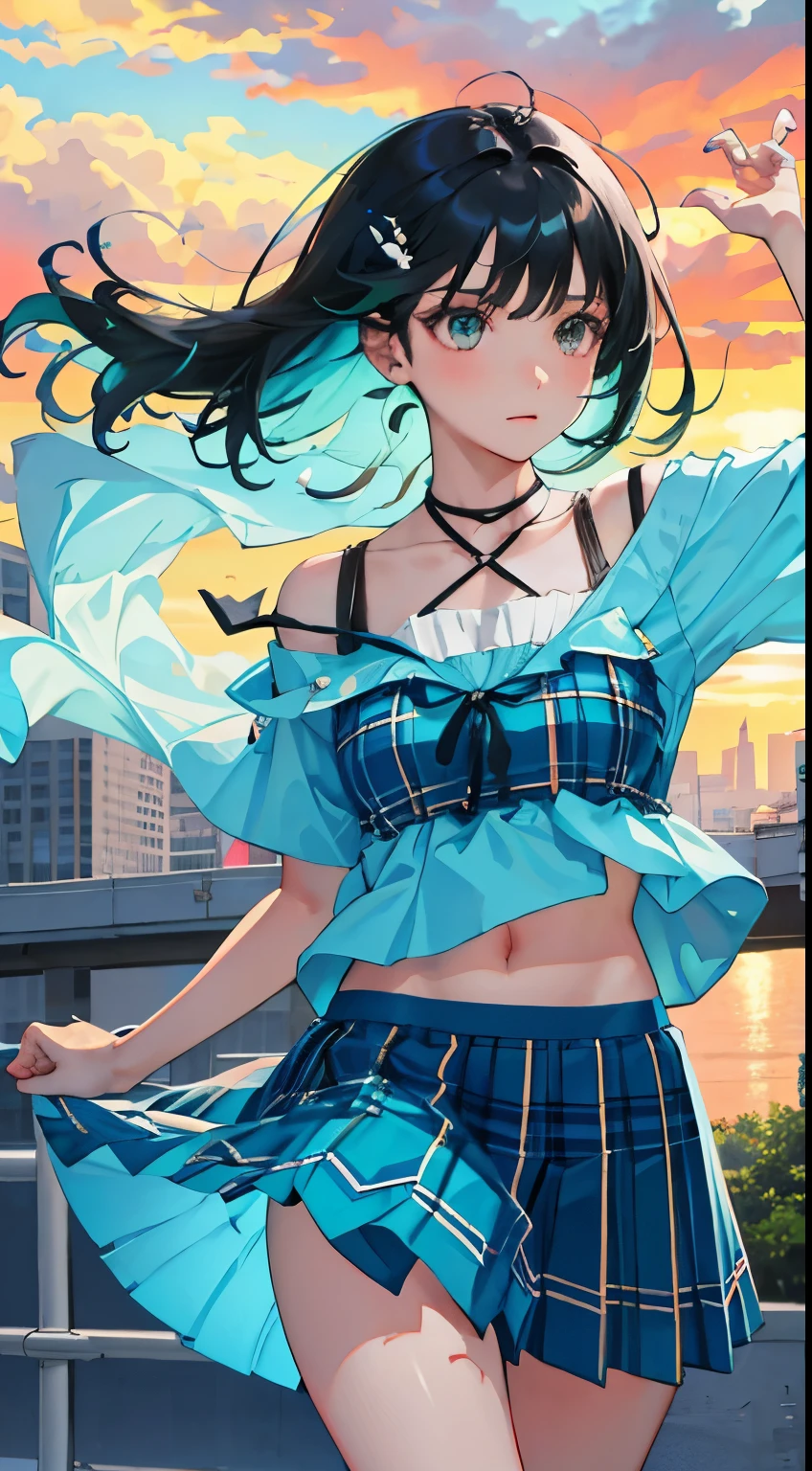 The wind is blowing，(child)，（masterpiece，Top quality)，Turquoise pleated miniskirt with blue-green plaid pattern，short sleeve，black hair，Summer Classroom，night，night景
