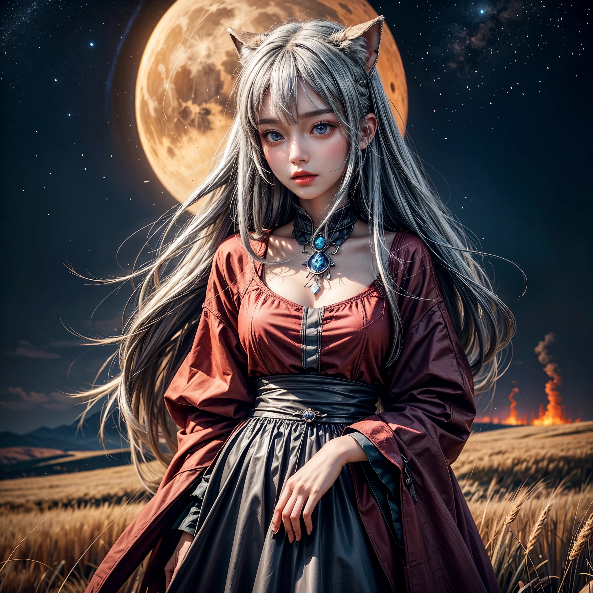 (NSFW:-0.8), (Acutance:0.8), ((masterpiece:1.2) of professional photograpy, highly realistic and (photorealistic:1.37) with touch of rawness, physically-based rendering with ultra-detailed) . a girl with beautiful detailed blue eyes and long silver hair, dressed as Holo the wise wolf from Spice and Wolf, standing in a burning wheat field under a bloody moon. The girl's lips are painted with a deep red color, adding an alluring touch to her face. Her outfit is meticulously crafted, with intricate details that mimic the character's original design. The wheat field is ablaze with intense flames, casting a warm and vibrant glow . Mystic sight .