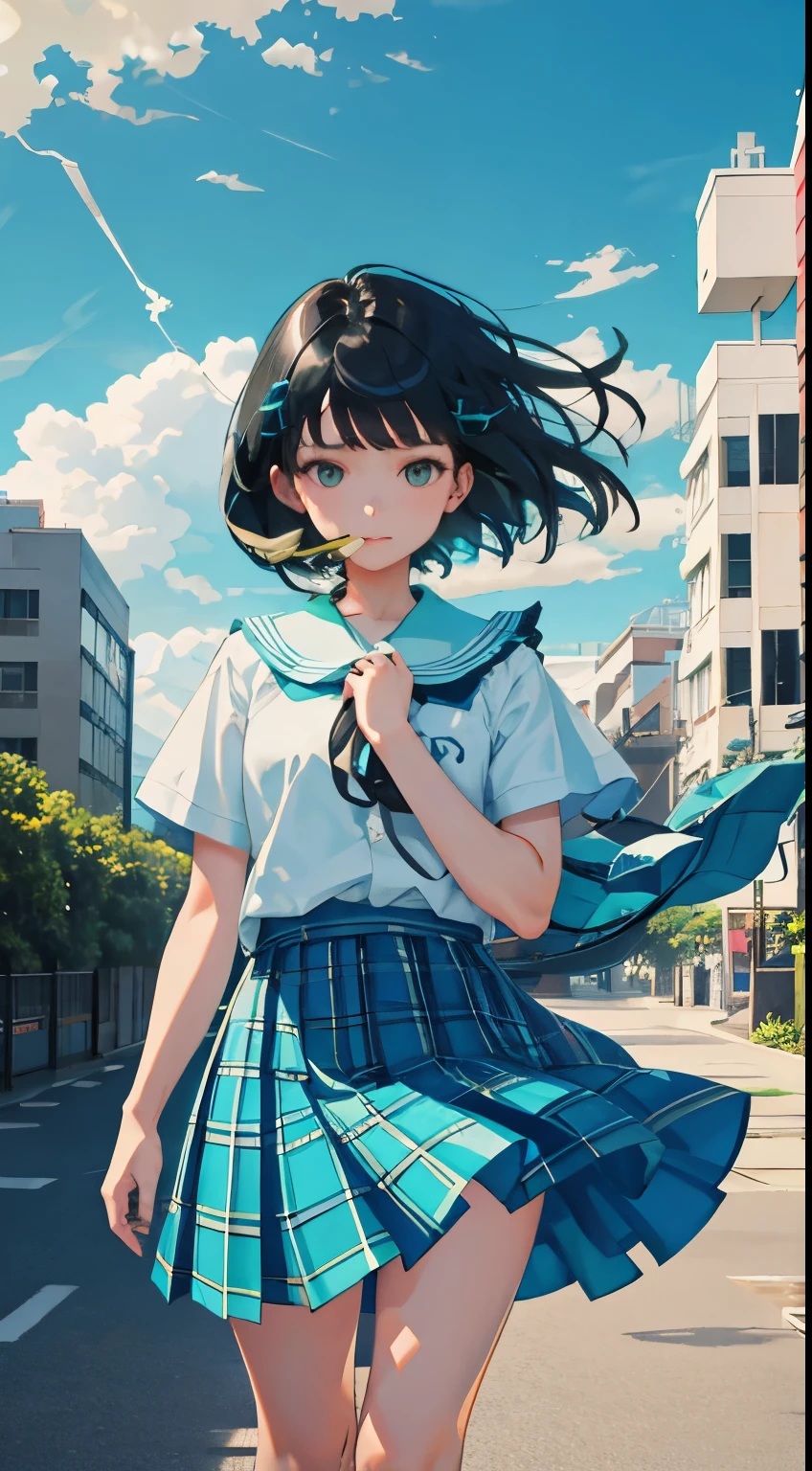 The wind is blowing，(child)，（masterpiece，Top quality)，Turquoise pleated miniskirt with blue-green plaid pattern，short sleeve，black hair，Summer Classroom，night，night景