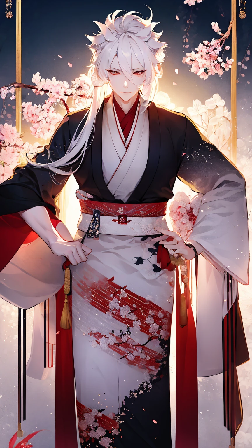 1young man,white fox ears,red eyes,Japanese style,in the winter shrine,fullmoon,best quality,high quality,masterpiece:1.2,ultra-detailed,realistic,photorealistic:1.37,traditional painting,vivid colors,soft lighting,serene atmosphere,autumn leaves,crimson torii gate,spiritual aura,historical charm