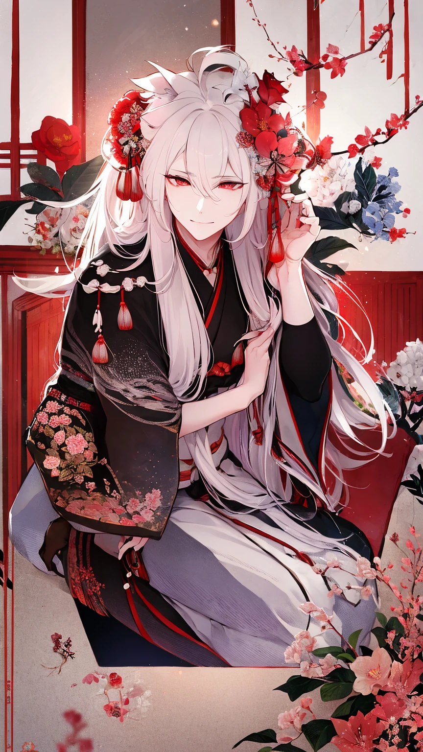 1young man,white fox ears,red eyes,Japanese style,in the winter shrine,fullmoon,best quality,high quality,masterpiece:1.2,ultra-detailed,realistic,photorealistic:1.37,traditional painting,vivid colors,soft lighting,serene atmosphere,autumn leaves,crimson torii gate,spiritual aura,historical charm