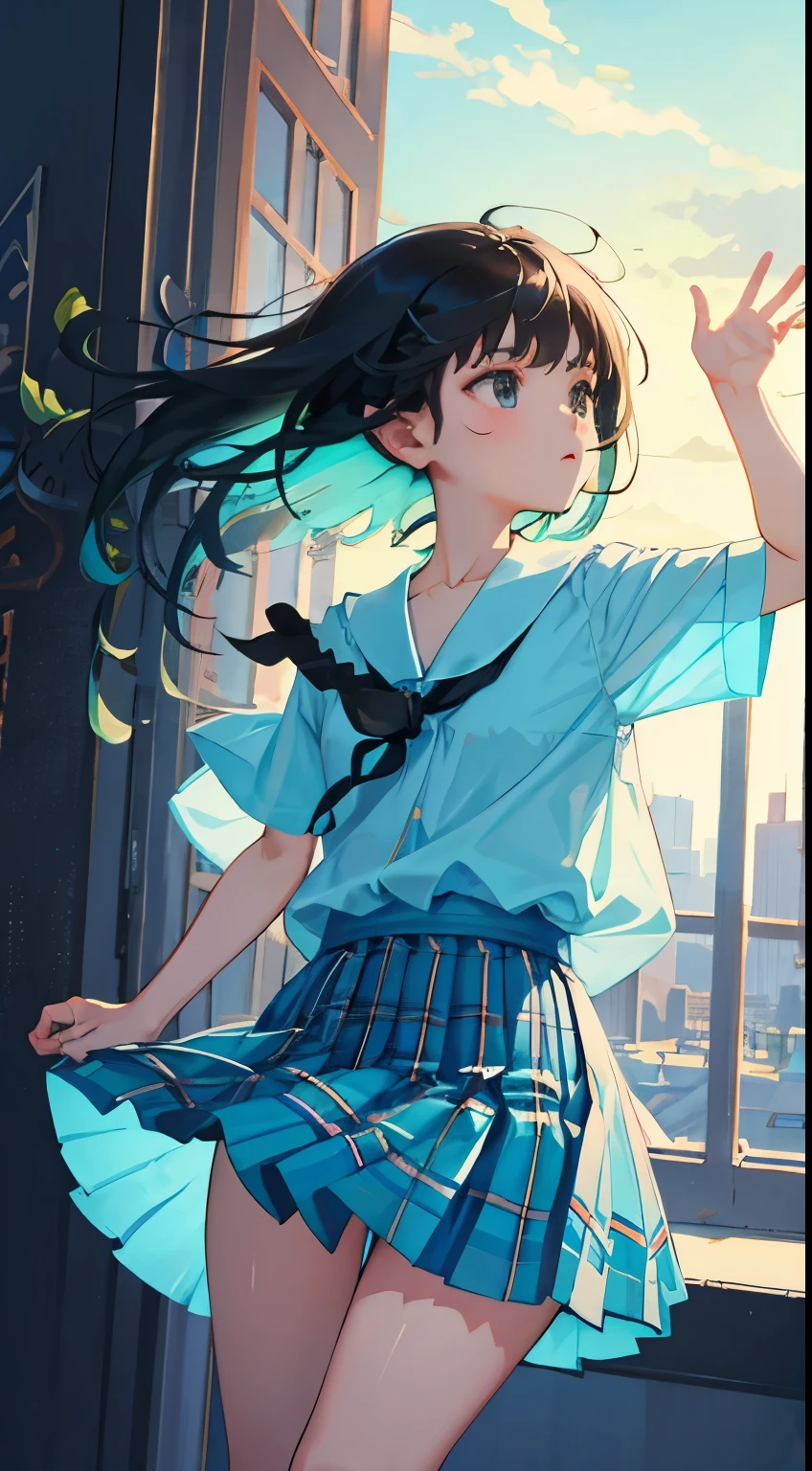 The wind is blowing,(child),(masterpiece,Top quality),Turquoise pleated miniskirt with blue-green plaid pattern,short sleeve,black hair,Summer Classroom,night,night景