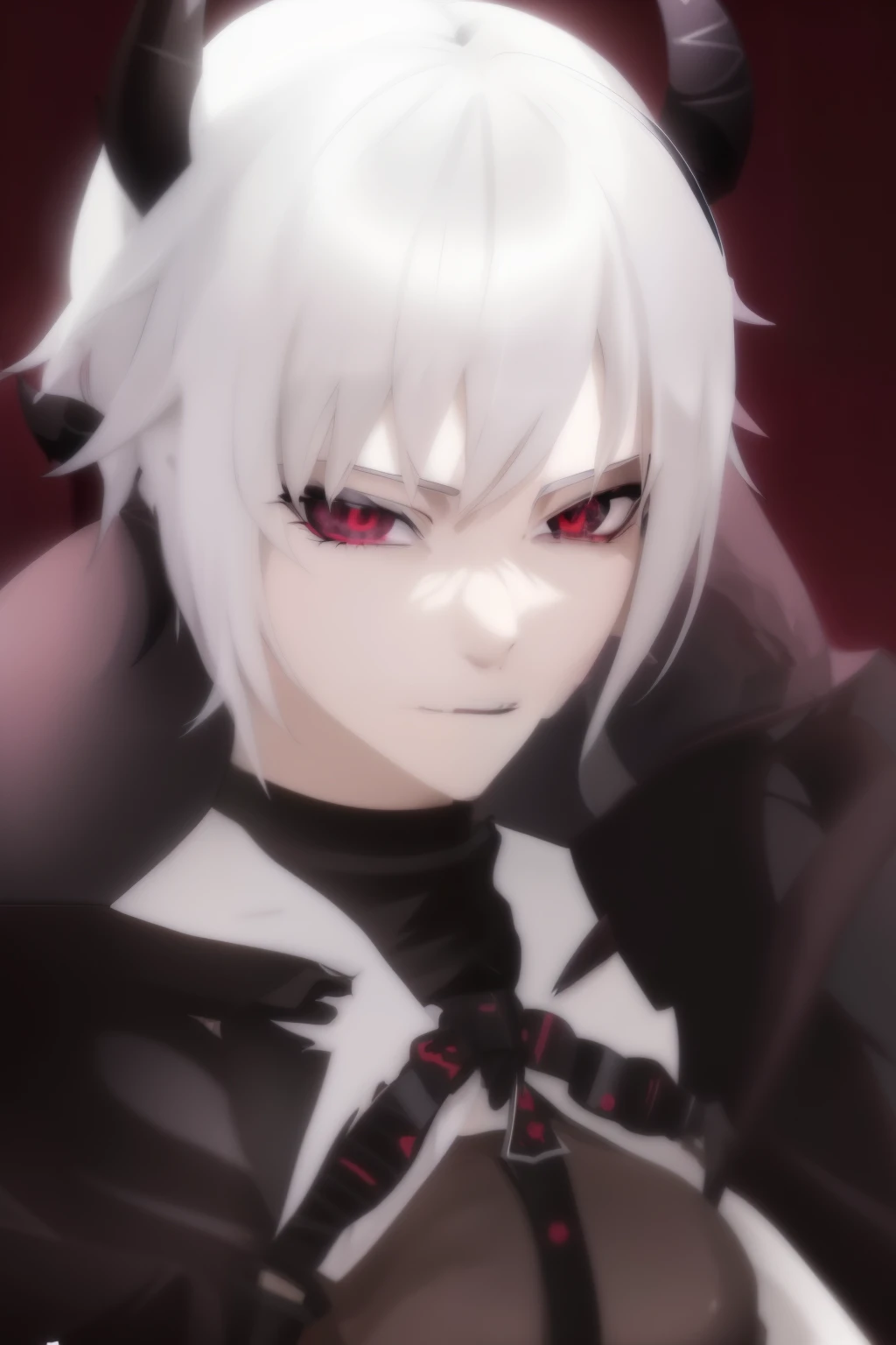 anime girl with white hair and black outfit with horns, with black horns instead of ears, fit male demon with white horns, 2b, 2 b, gapmoe yandere grimdark, he has dark grey hairs, lineless, devious evil expression, neferpitou, evil devious male, imvu, demon male, demon white horns