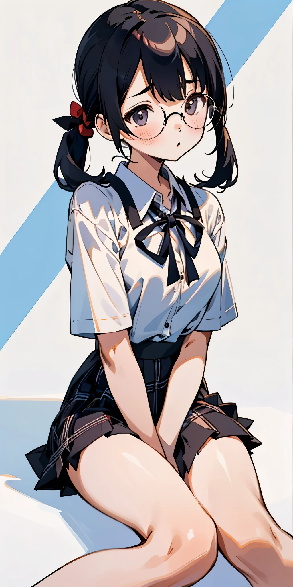 Girl resembling a boyish boy in sneakers on the bed、School Uniform、Black spats、skirt by the、a smile、to stand