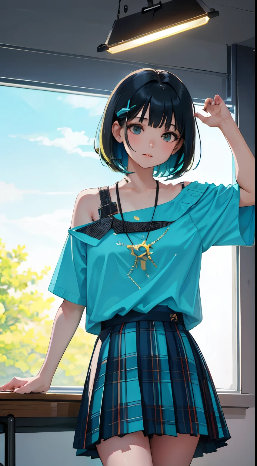 (child),(masterpiece,Top quality),Turquoise pleated miniskirt with blue-green plaid pattern,short sleeve,black hair,Summer Classroom,night,night景