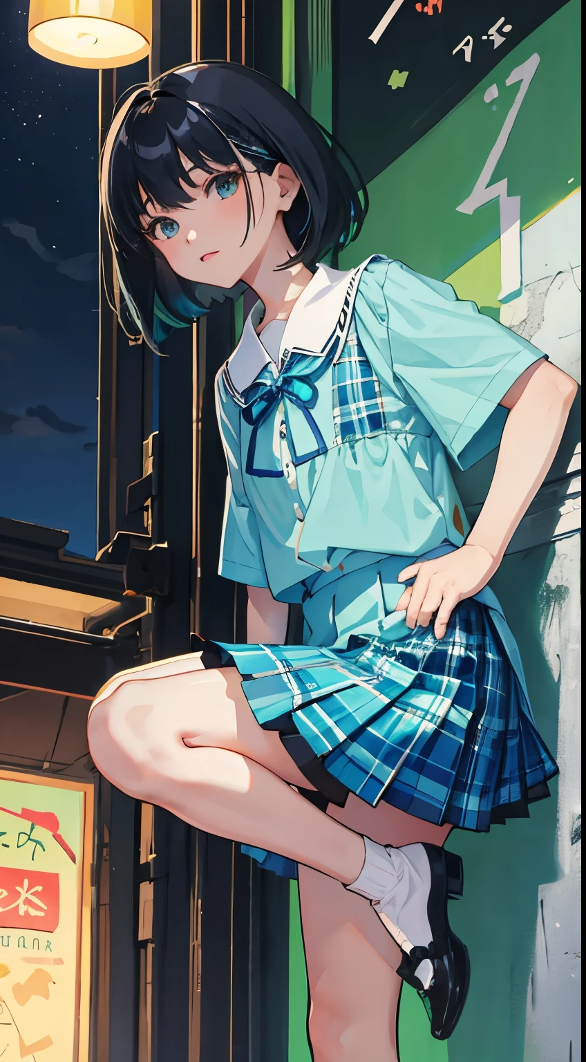 (),(masterpiece,Top quality),Turquoise pleated miniskirt with blue-green plaid pattern,short sleeve,black hair,Summer Classroom,night,night景
