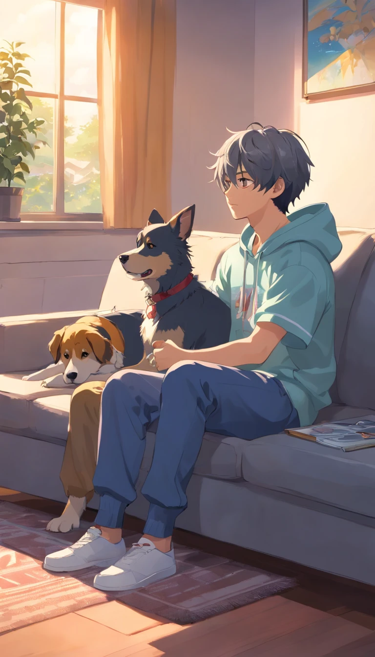 sofa、grey、dog、Two boys、hoodie、pajamas、down、living、